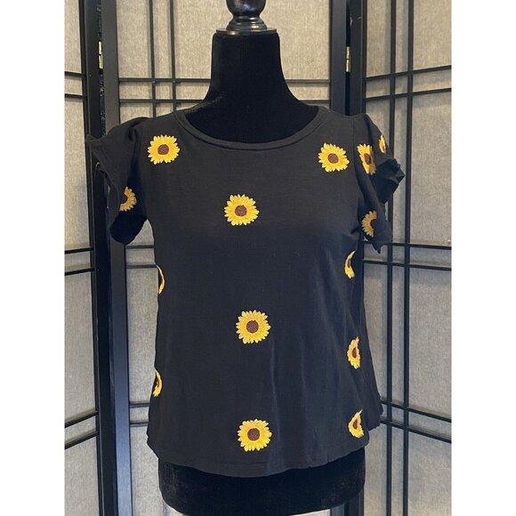 THML Tops - THML Size XS Sunflower Flutter Short Sleeve Shirt Black Cotton Womens “self”